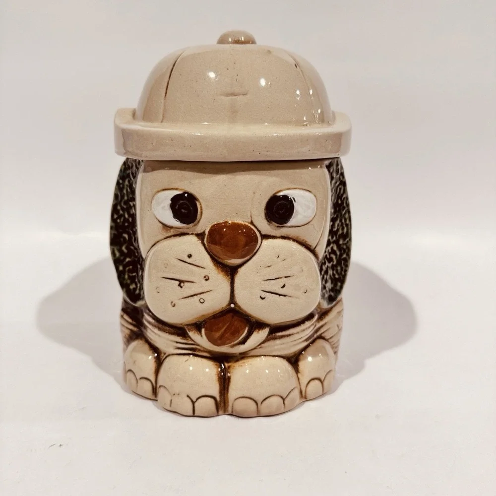 Vintage 70s Mount Clemens Art Pottery Dog Cookie Jar W Hat Lid‎ USA